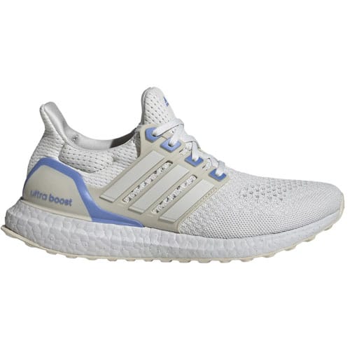 A white Adidas Ultraboost running shoe featuring a blue heel accent and cream-colored stripes on the sides.