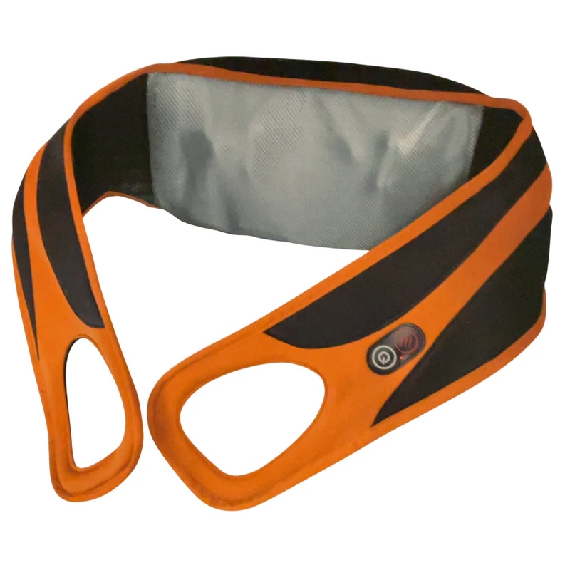 An orange and black neck massager with a power button, featuring a sleek design and arm loops for easy use.