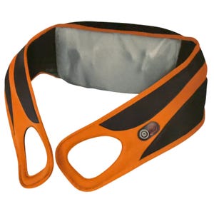 An orange and black neck massager with a power button, featuring a sleek design and arm loops for easy use.