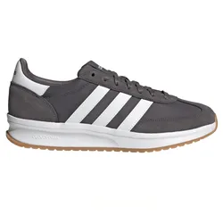 Gray Adidas sneaker with white stripes and gum sole, featuring Cloudfoam cushioning.