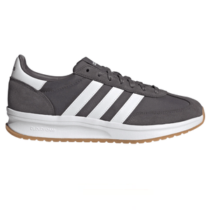 Gray Adidas sneaker with white stripes and gum sole, featuring Cloudfoam cushioning.