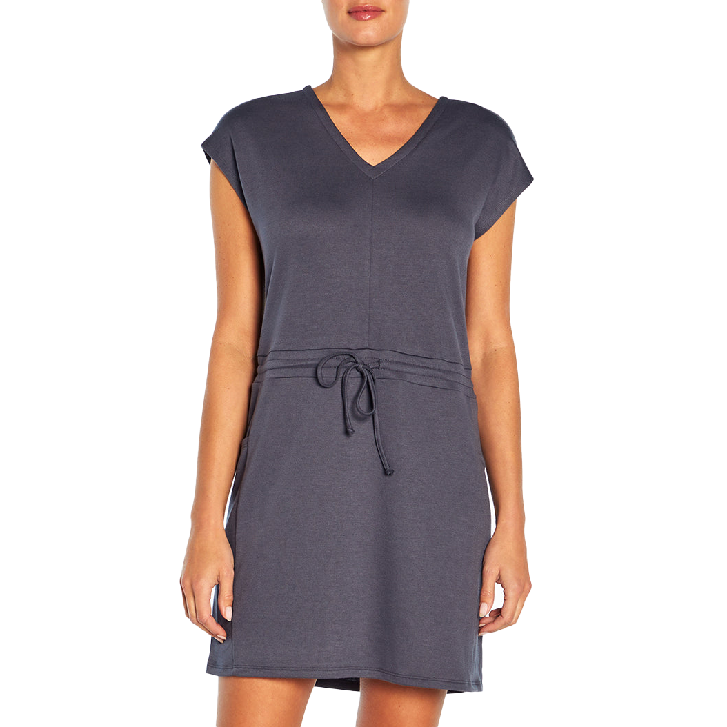 Dark gray short-sleeve dress with a V-neck and adjustable waist tie.