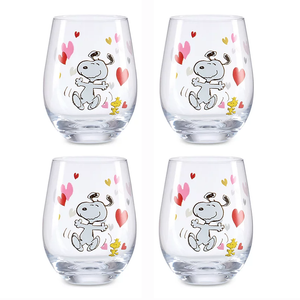 Set of four Lenox glass tumblers featuring Snoopy and Woodstock with colorful hearts. The tumblers have a playful design, highlighting the characters in a joyful pose with pink, red, and gold hearts.