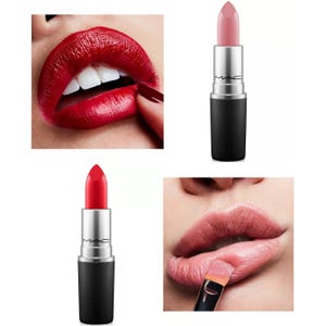 Two MAC Satin Lipsticks are shown, one in a classic red shade and the other in a muted pink, alongside close-up photos of lips wearing the corresponding colors.