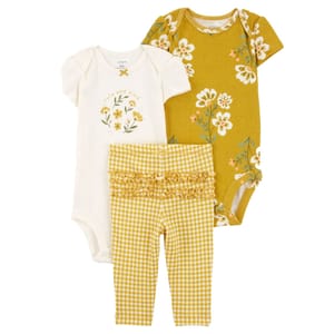 3-piece Carter's baby outfit includes a white bodysuit with \“cute and kind\“ and floral design, a mustard floral bodysuit, and yellow gingham pants with ruffle detailing.