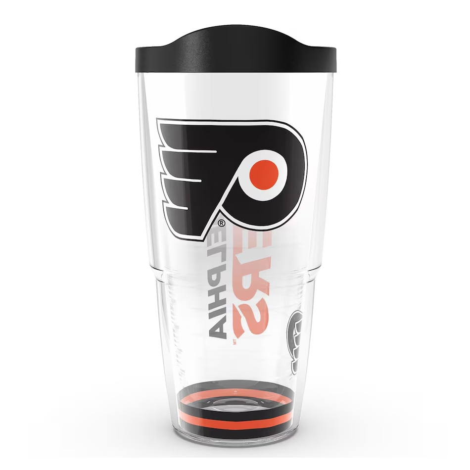 Clear tumbler with a black lid featuring the Philadelphia Flyers logo in black and orange.