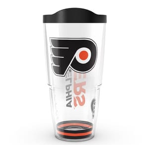 Clear tumbler with a black lid featuring the Philadelphia Flyers logo in black and orange.
