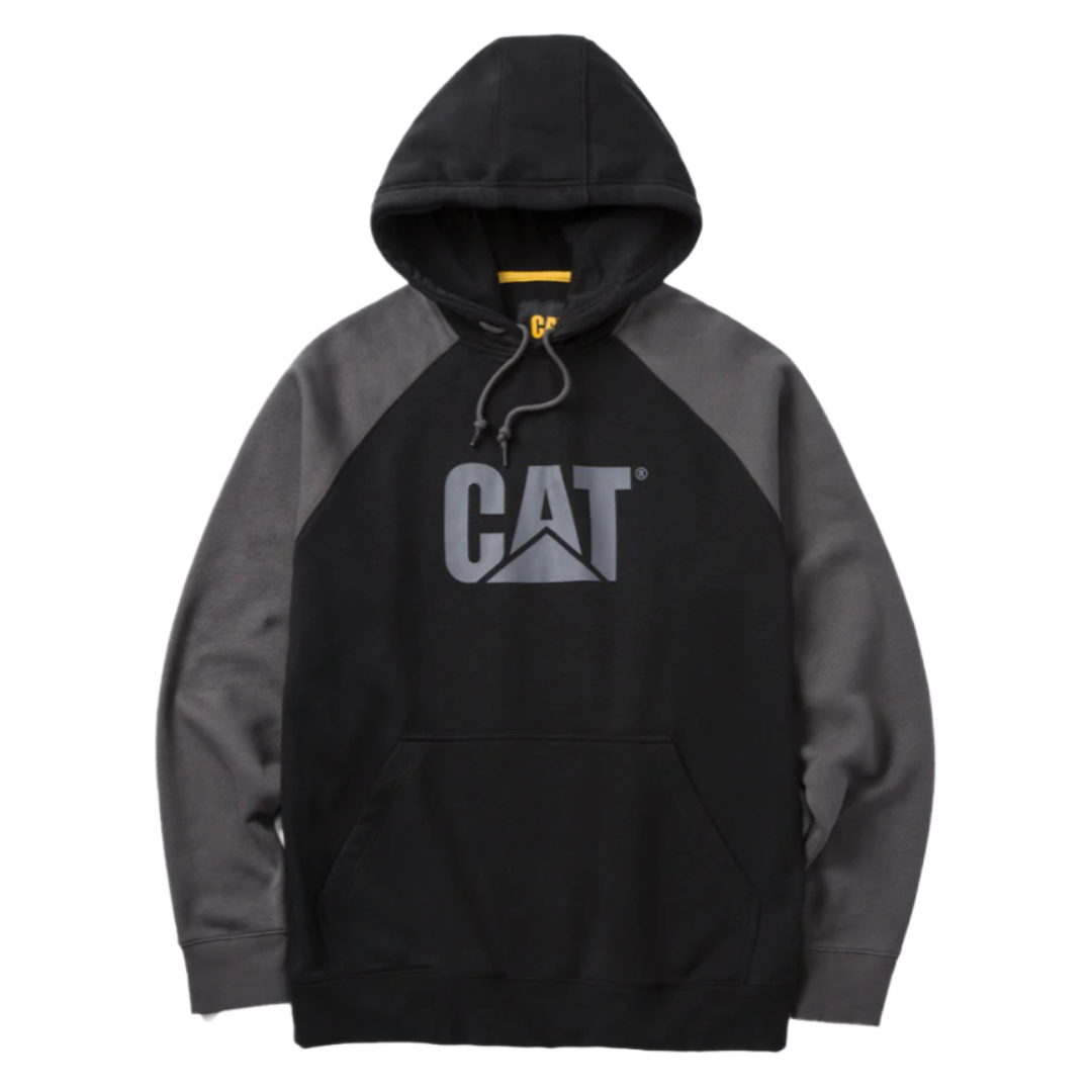 A black hoodie with dark gray sleeves featuring the CAT logo on the front, complete with a drawstring hood and a front kangaroo pocket.