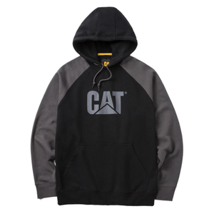 A black hoodie with dark gray sleeves featuring the CAT logo on the front, complete with a drawstring hood and a front kangaroo pocket.