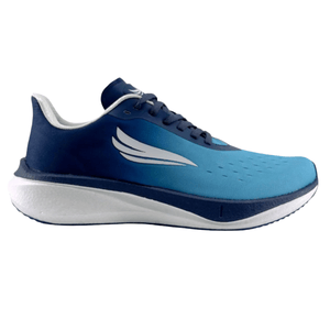 A blue and navy athletic shoe with a white midsole and a white wing-like logo on the side, featuring a lace-up design and mesh upper for breathability.