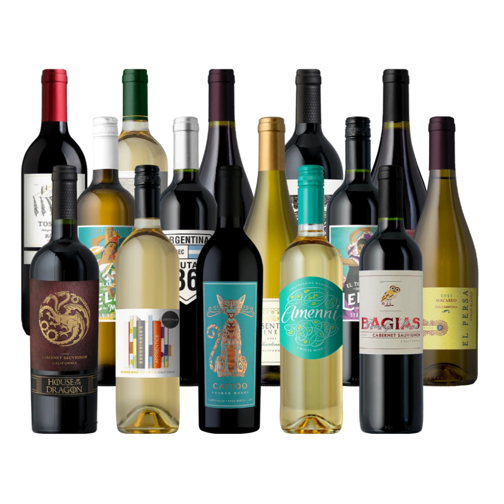 A selection of assorted wine bottles featuring various labels and colors, including reds and whites from different regions.