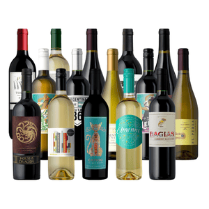 A selection of assorted wine bottles featuring various labels and colors, including reds and whites from different regions.