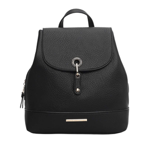 A black leather backpack with a flap closure, top handle, and metal detailing, featuring a minimalist design.