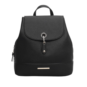 A black leather backpack with a flap closure, top handle, and metal detailing, featuring a minimalist design.
