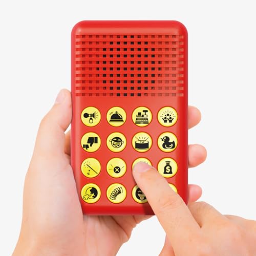 Handheld red toy sound machine with 20 yellow buttons featuring icons, designed to emit various humorous sound effects.