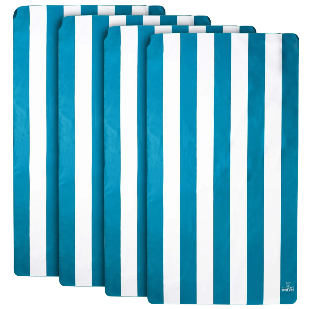 4pk Quick-Dry Beach Towels feature bold teal and white vertical stripes designed for fast drying. They come in a standard beach towel size and are suitable for beach or poolside use.