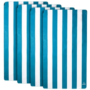 4pk Quick-Dry Beach Towels feature bold teal and white vertical stripes designed for fast drying. They come in a standard beach towel size and are suitable for beach or poolside use.