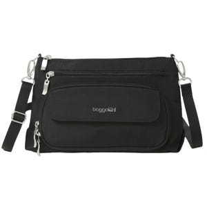 A black Baggallini crossbody bag with multiple zippered compartments and a detachable shoulder strap.