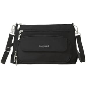A black Baggallini crossbody bag with multiple zippered compartments and a detachable shoulder strap.