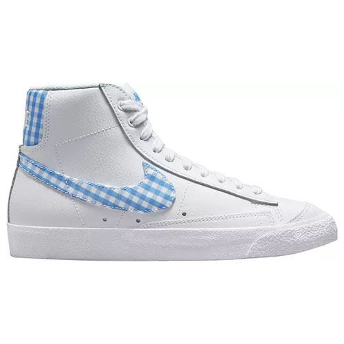 White high-top sneaker with blue gingham checks along the side.