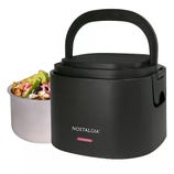 Electric lunchbox with a removable stainless steel food container, featuring a black outer casing and a handle.