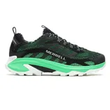 Black and green Merrell trail running shoe with a textured upper and a Vibram outsole, designed for traction and comfort.