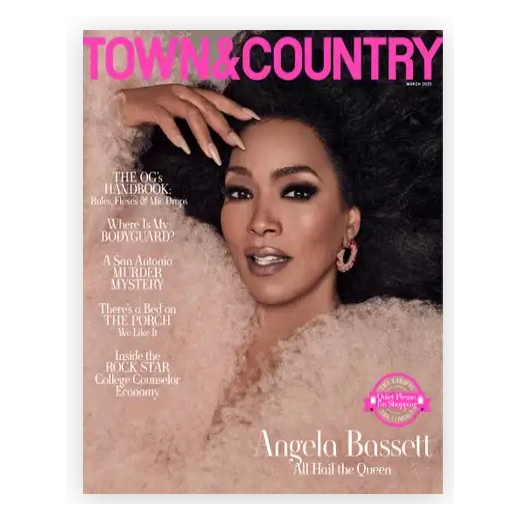 Town & Country Winter 2023 cover featuring Angela Bassett, with headlines about an OG’s handbook, a murder mystery, and the college counselor economy.