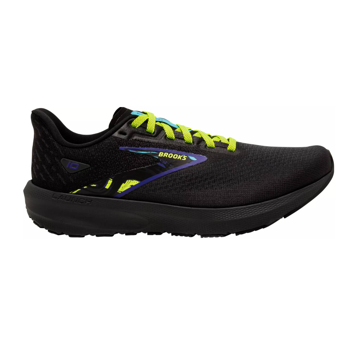 A black running shoe with neon yellow laces and blue accents, labeled with 'BROOKS' on the side.