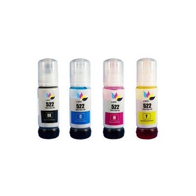 Four bottles of Epson Ink 522 in black (BK), cyan (C), magenta (M), and yellow (Y) with clear caps, designed for use in color inkjet printers. Each bottle displays a label indicating its color with a small icon symbolizing ink.