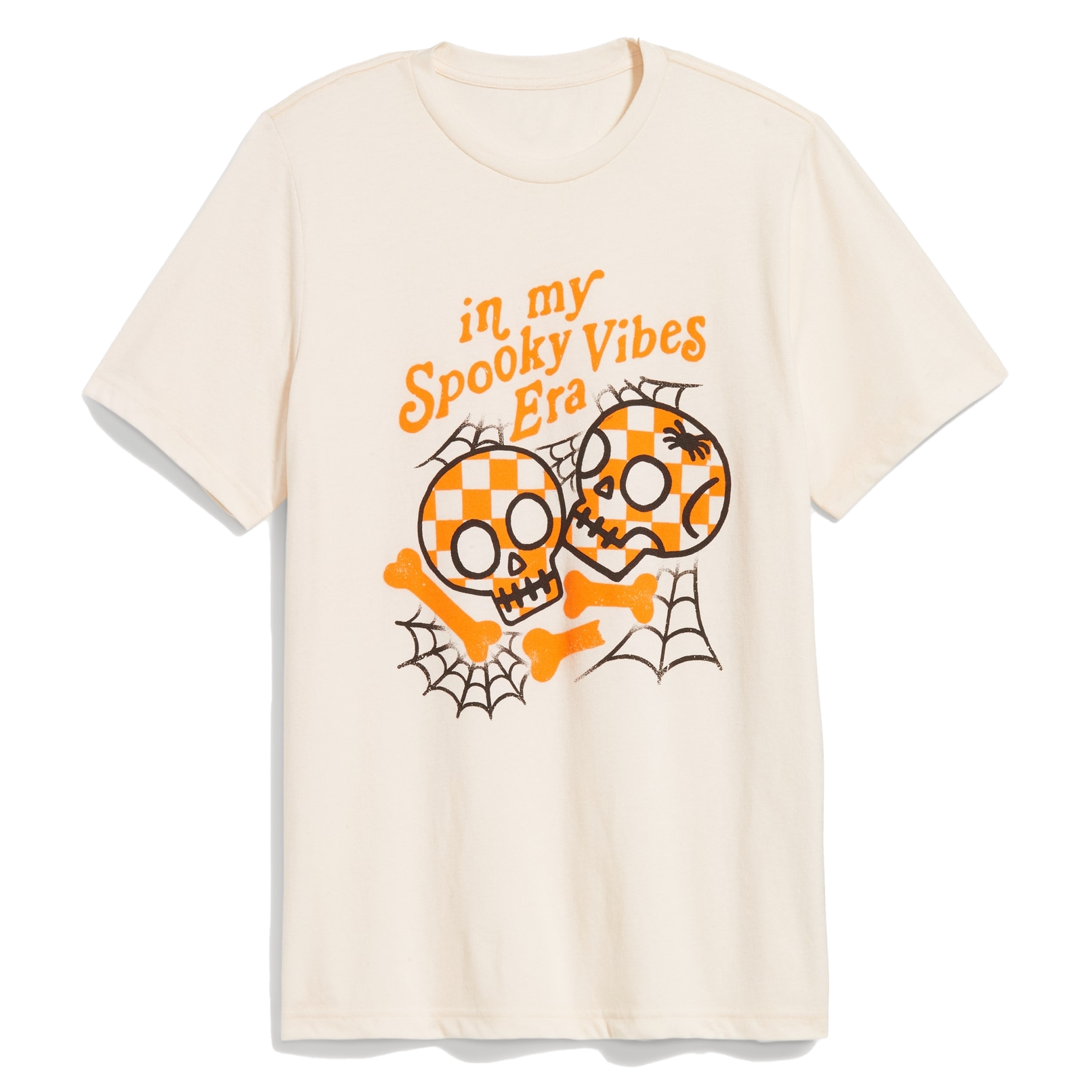 A cream-colored t-shirt with an orange and black Halloween-themed graphic showing two skulls, one with a checkered pattern, the text \“in my Spooky Vibes Era,\“ and spiderweb details.