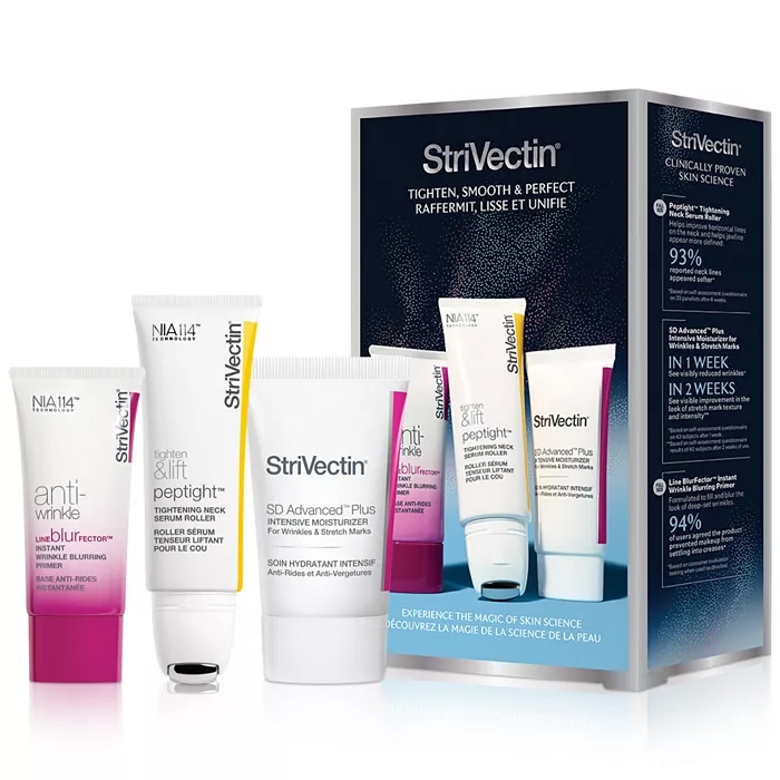 StriVectin 3pc Skincare Set includes Anti-Wrinkle Line BlurFector primer, Tighten & Lift Peptight Tightening Neck Serum Roller, and SD Advanced Plus Intensive Moisturizer for wrinkles and stretch marks.