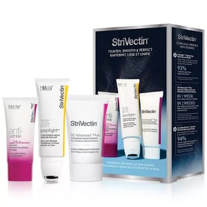 StriVectin 3pc Skincare Set includes Anti-Wrinkle Line BlurFector primer, Tighten & Lift Peptight Tightening Neck Serum Roller, and SD Advanced Plus Intensive Moisturizer for wrinkles and stretch marks.