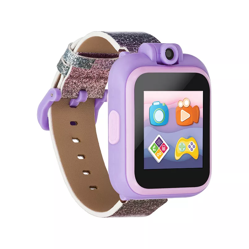 A purple children's smartwatch with a camera, touchscreen display, and glittery straps.