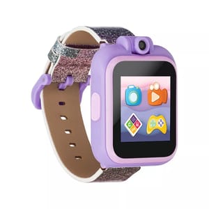 A purple children's smartwatch with a camera, touchscreen display, and glittery straps.