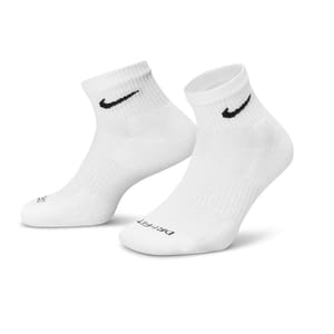 White ankle socks with black swoosh logos, featuring \“Dri-FIT\“ printed on the toes.
