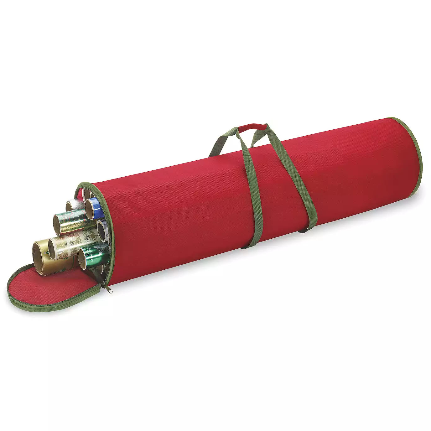 Red cylindrical storage bag with green handles and a zip closure, designed to organize and protect multiple rolls of wrapping paper.