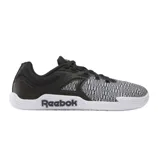 Reebok sneaker with a black and white design, featuring a black mesh upper and white sole with \“Reebok\“ branding on the side.