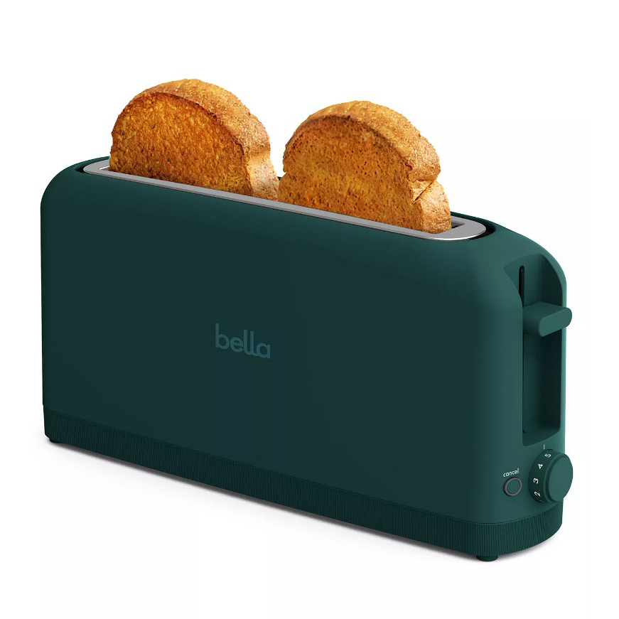 A teal Bella toaster with two slots, each containing a toasted slice of bread. Features a browning control dial from settings 1 to 6 and a cancel button.