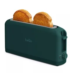 A teal Bella toaster with two slots, each containing a toasted slice of bread. Features a browning control dial from settings 1 to 6 and a cancel button.