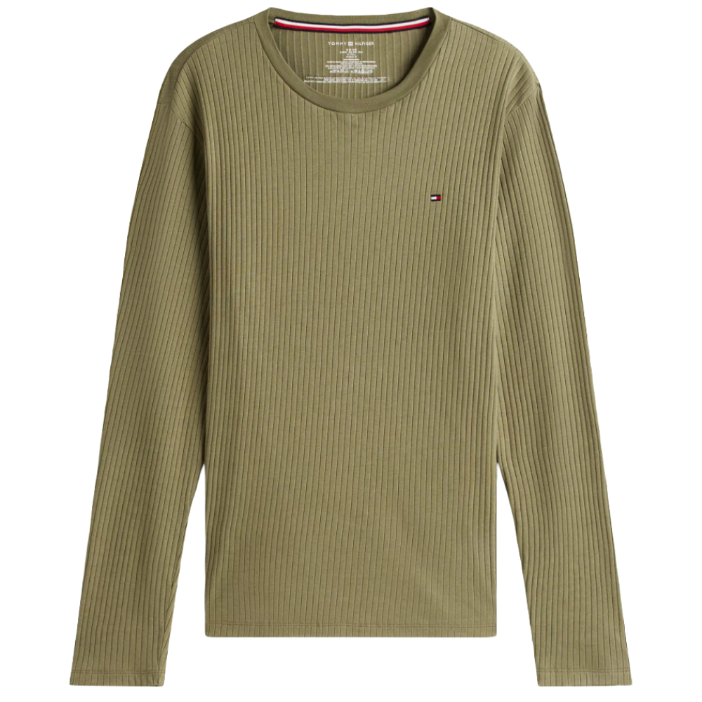 Olive green ribbed long-sleeve shirt with a small logo on the chest.