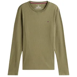 Olive green ribbed long-sleeve shirt with a small logo on the chest.
