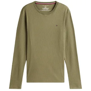 Olive green ribbed long-sleeve shirt with a small logo on the chest.