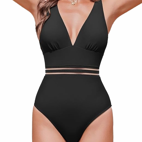 Black one-piece swimsuit with a V-neck and high-waisted design, feature sheer cutout detailing above the waist, offering a stylish and modern look.