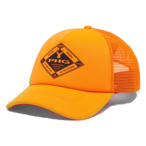 Orange mesh-back trucker hat with a diamond-shaped logo reading \“PHG Performance Hunting Gear\“ and phrases like \“Tested Tough\“ and \“On the Stalk.\“