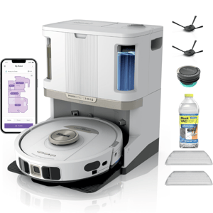 Smart robot vacuum and mop bundle with self-cleaning dock, control app, spare brushes, filters, and cleaning solution.