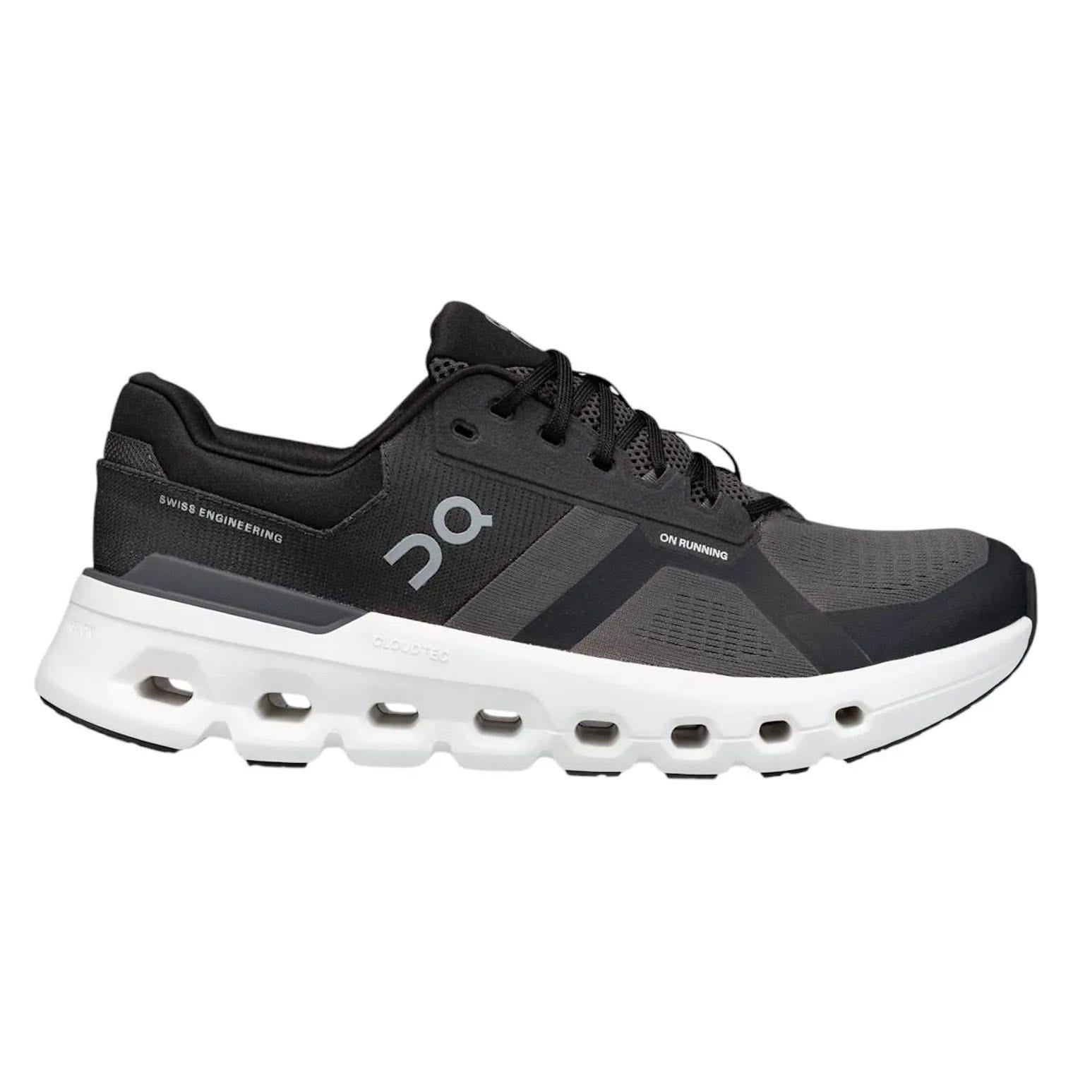 Black and white running shoe from On Running, featuring a thick white sole with holes for cushioning and the brand's logo on the side.