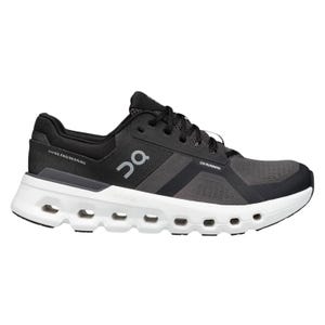 Black and white running shoe from On Running, featuring a thick white sole with holes for cushioning and the brand's logo on the side.