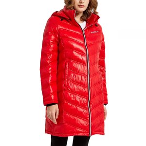 Red, glossy, long puffer jacket with a hood and front zipper. The jacket has a quilted design with two side pockets and a logo on the left chest.