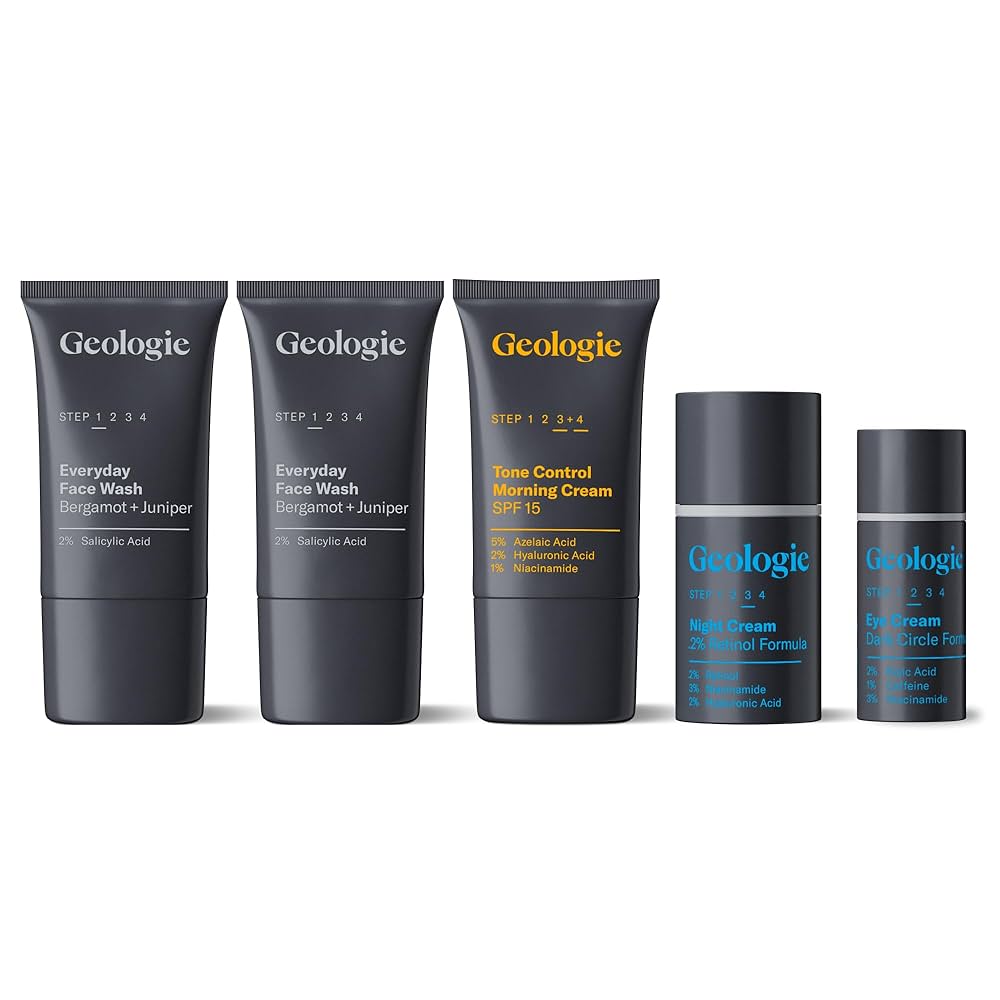 Geologie skincare set includes Everyday Face Wash (Bergamot + Juniper, 2% Salicylic Acid), Tone Control Morning Cream (SPF 15), Night Cream (2% Retinol), and Eye Cream (Dark Circle Formula, Caffeine + Niacinamide).
