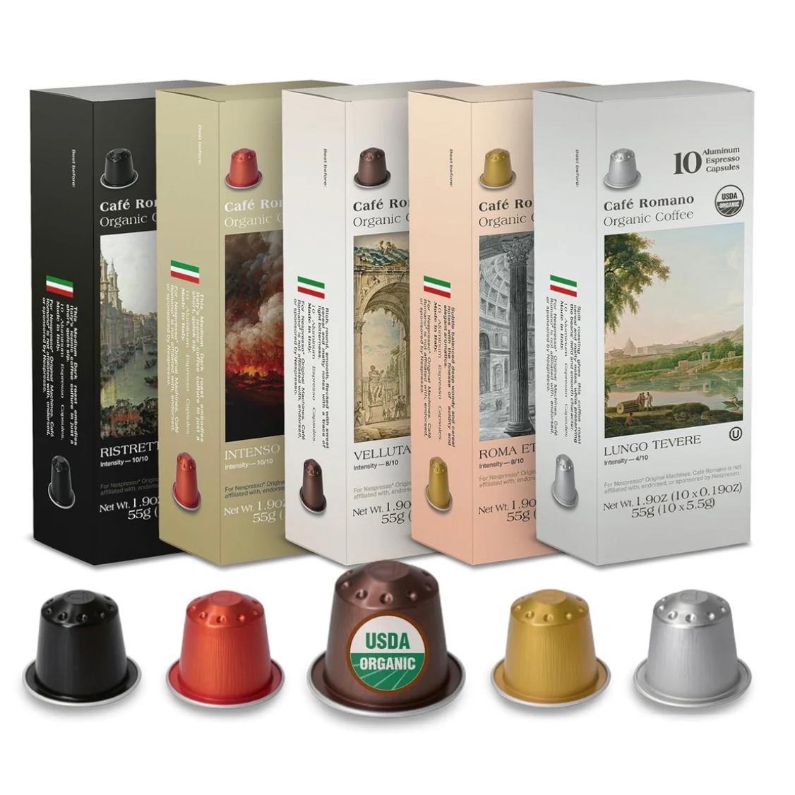 Cafe Romano offers organic coffee capsules in five varieties: Ristretto (black, intensity 10/10), Intenso (red, intensity 9/10), Vellutato (brown, intensity 8/10), Roma Eterna (gold, intensity 8/10), and Lungo Tevere (silver, intensity 4/10). Each box contains 10 capsules.